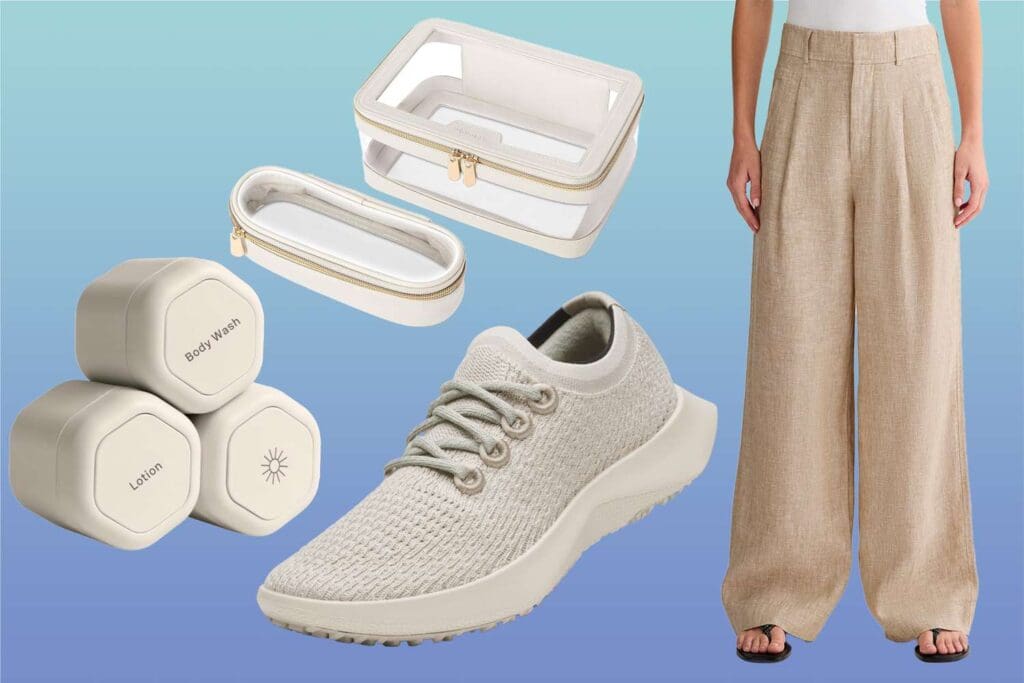Various storage containers, a shoe, and beige pants
