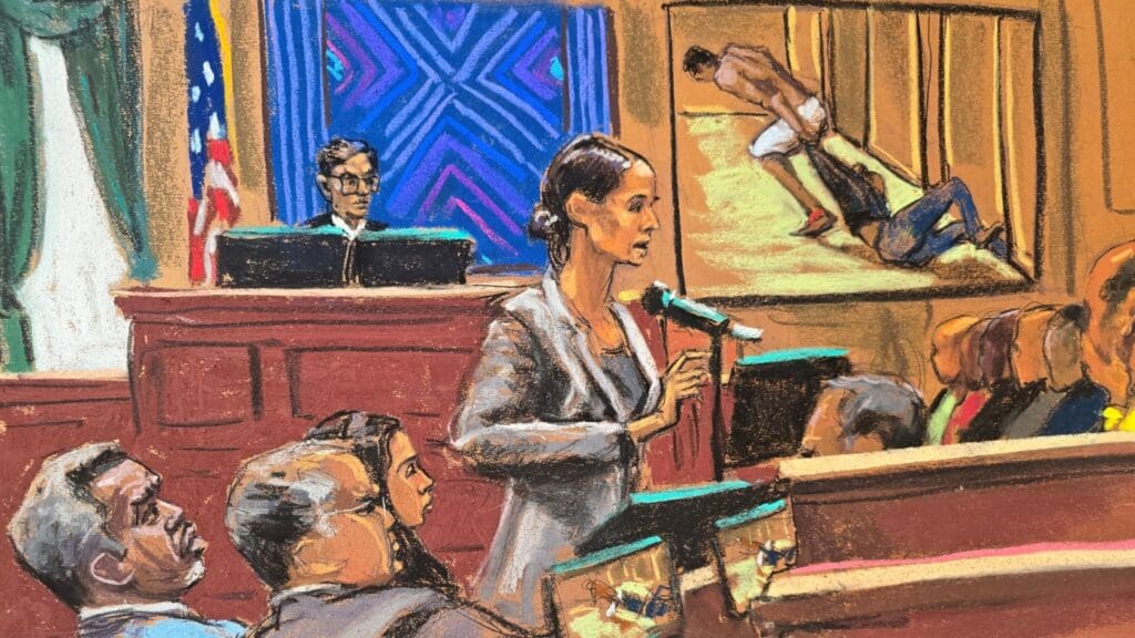 Prosecution claims Combs utilized ‘physical violence, power and concern’ to manage targets: NPR Courtroom sketch of ongoing trial scene.