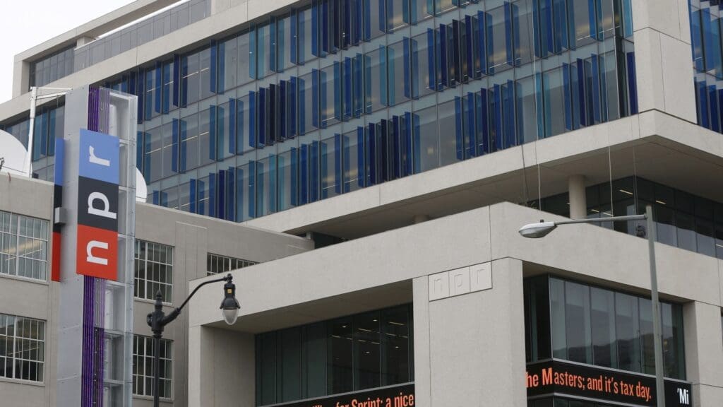 Modern building with NPR logo and signage.