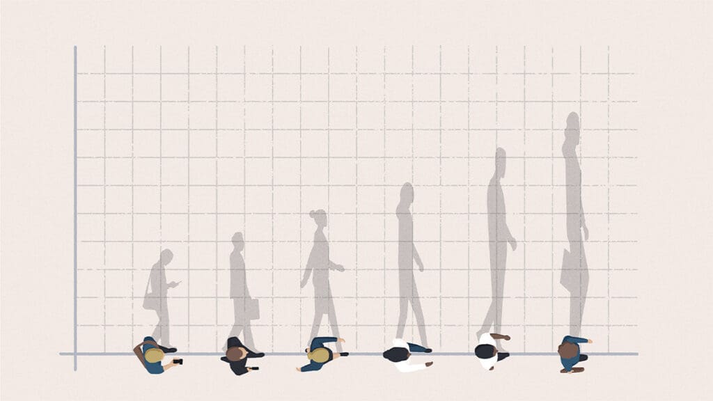 People shadows walking along a graph.