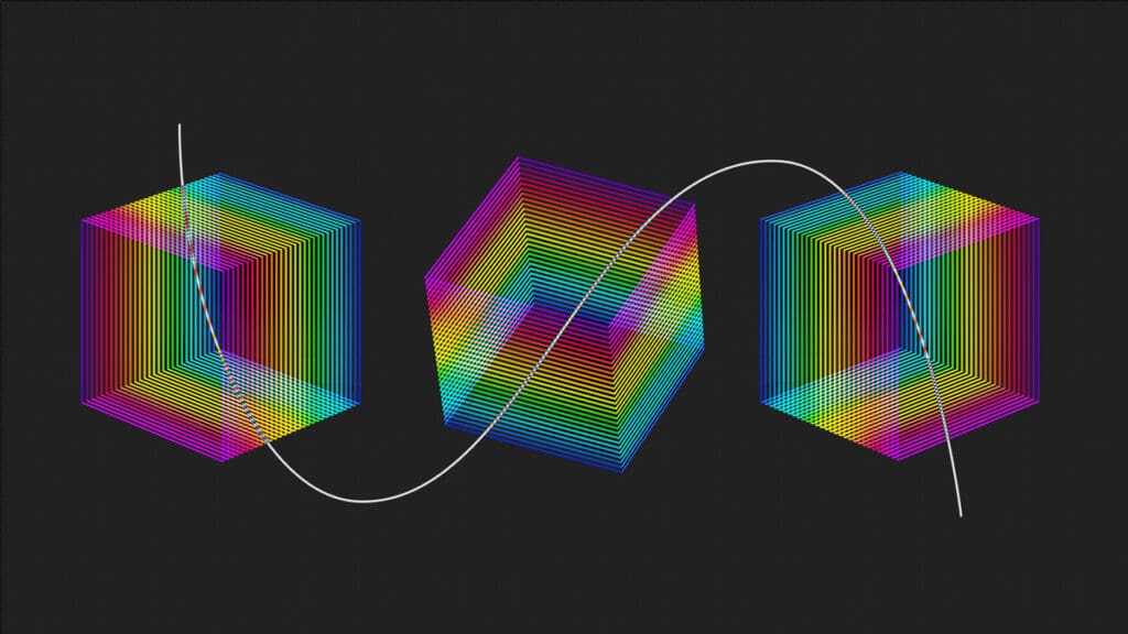 Colorful geometric cubes with a wavy line.