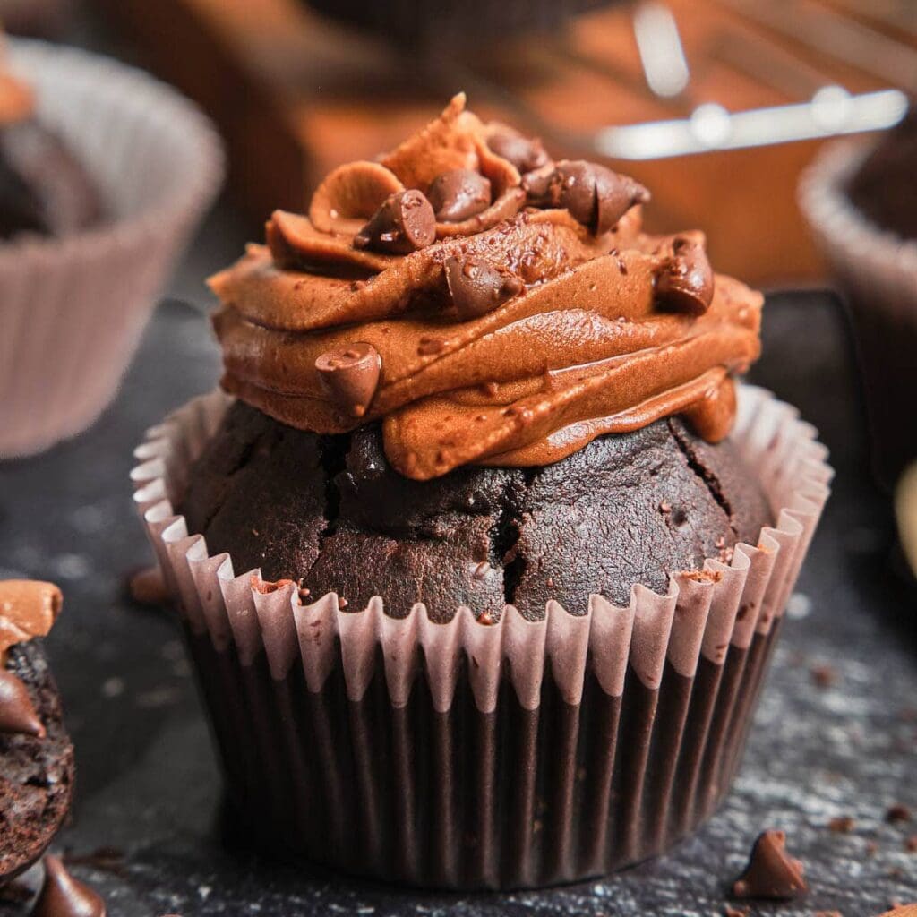 Chocolate cupcake with rich frosting and chips.