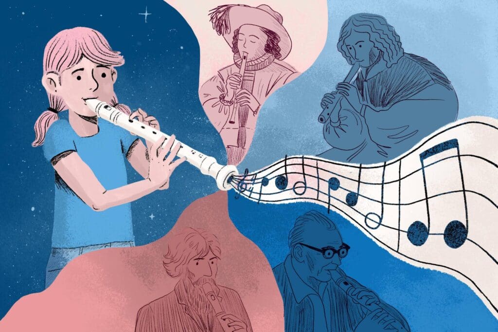 An illustration depicts a student blowing into the mouthpiece of a recorder with musical notes trailing out the other end.