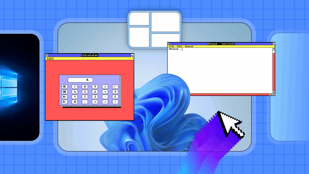 Windows 1.0 Calculator and Notepad windows overlaid on a Windows 11 background, with a large pixelated mouse cursor and a colorful motion trail.