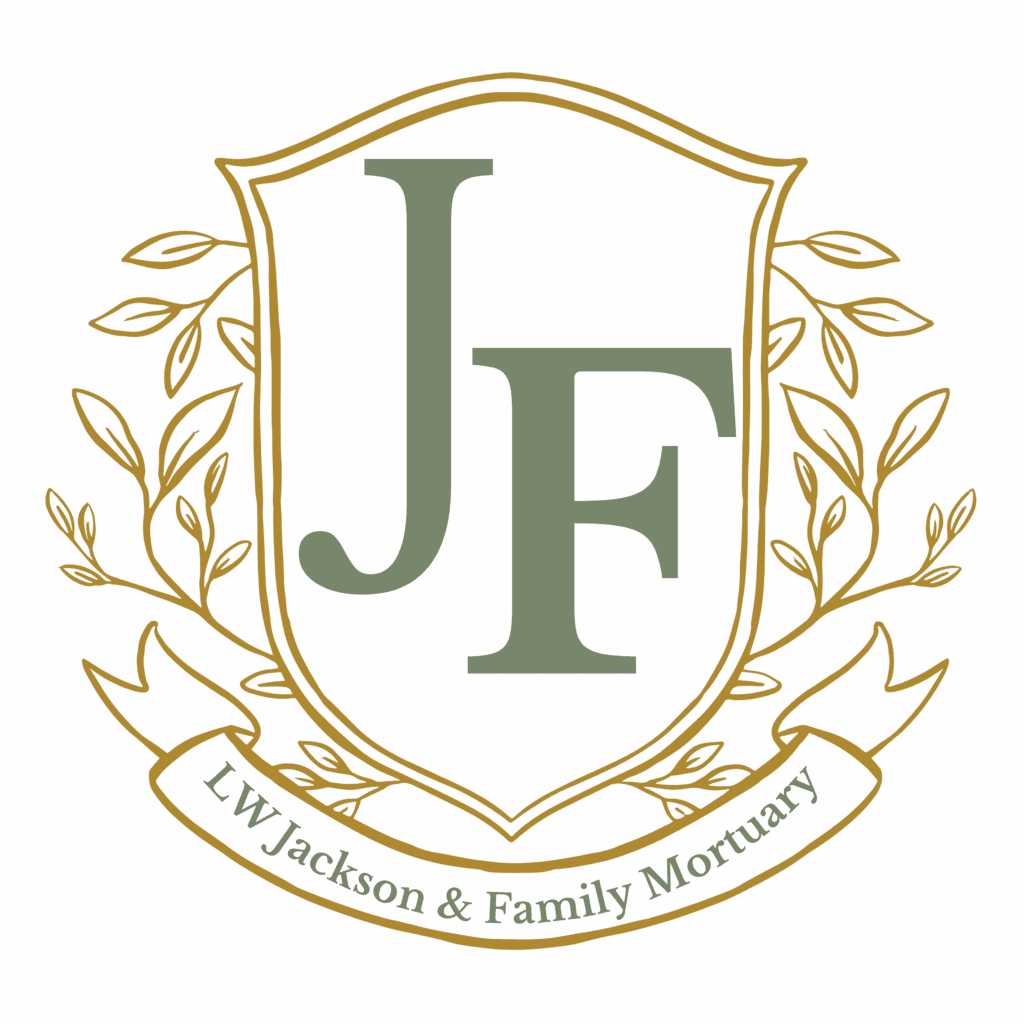 Crest logo with initials and decorative leaves.