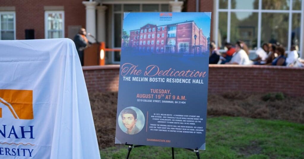 Savannah State University Honors Melvin Bostic with Residence Hall Dedication Dedication ceremony sign for residence hall.