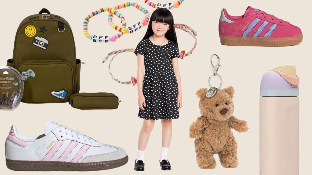 Collage of Jellycat Bag Charm, Adidas Sneakers, Backpack, and More