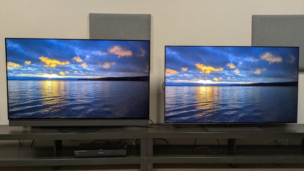 I tested Panasonic and LG flagship OLED TVs side-by-side, and even though they use the same panel, the results were surprising Panasonic Z95B (left) and LG G5 (right) displaying sunset over a lake on screen
