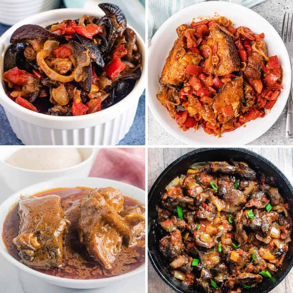 Four dishes of Nigerian delicacies in bowls.