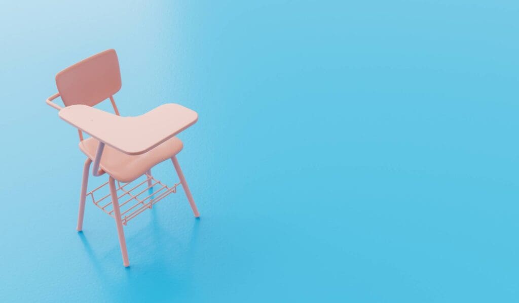 3D rendering of a school chair with attached wooden desk