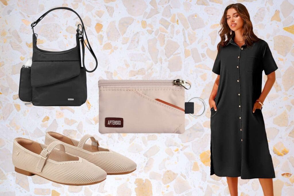 A display of travel items including a sling bag flat shoes a pouch and a woman wearing a casual dress