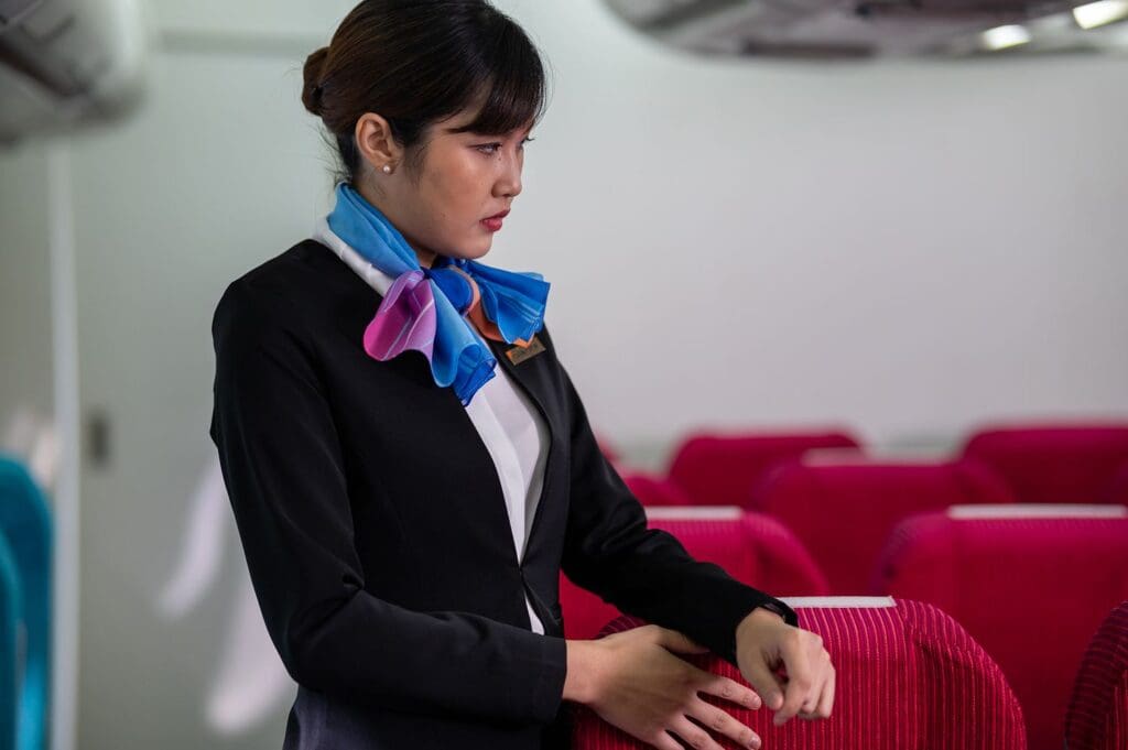 A flight attendant standing inside an aircraft cabin