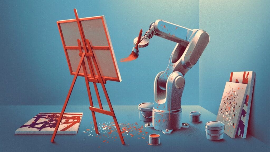 An illustration of a robotic arm painting at an easel