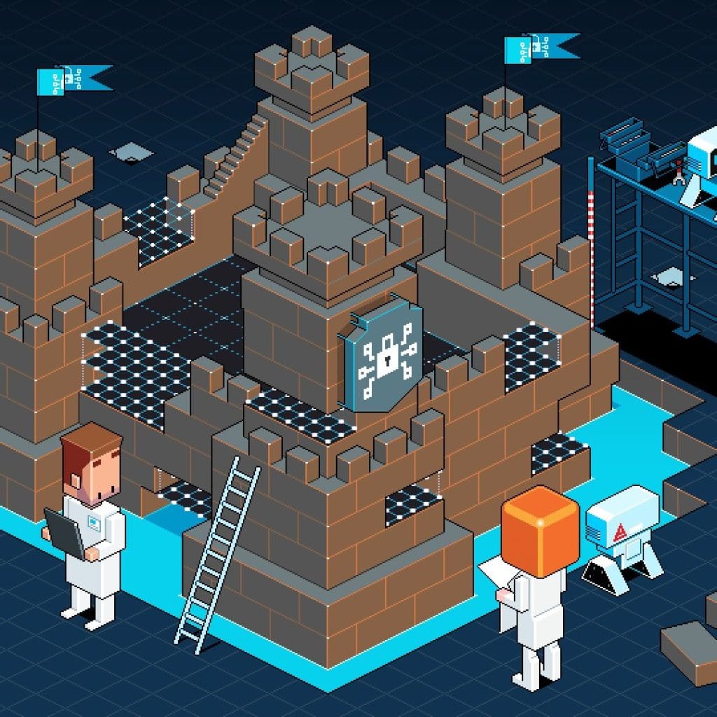 A pixel art-style illustration of a castle representing the protection of data