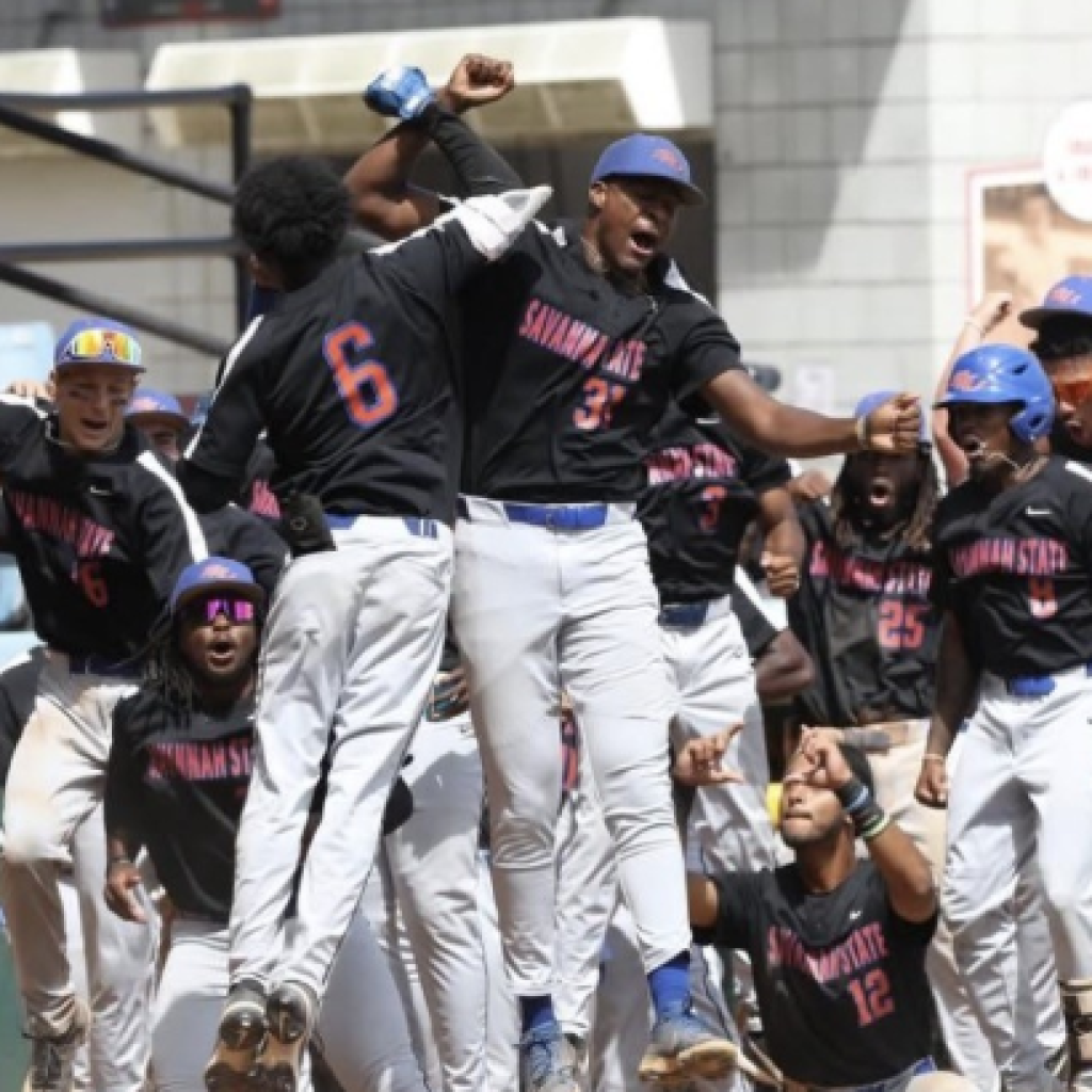 Baseball players celebrate a successful play with high energy and excitement.