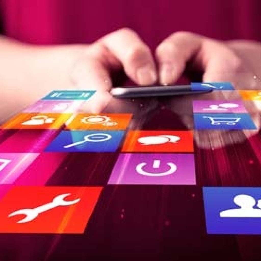 Woman typing on a smartphone with icons coming out