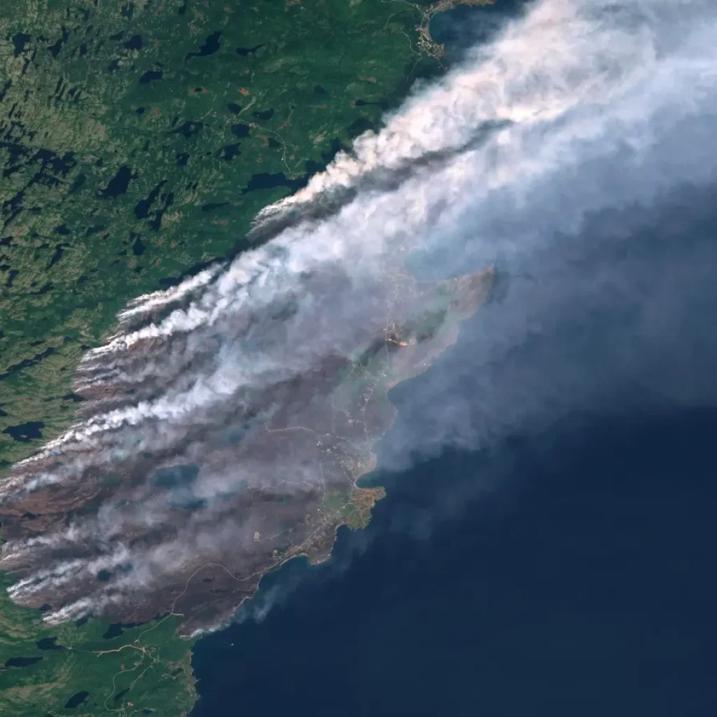 Huge plumes of smoke are seen from a satellite