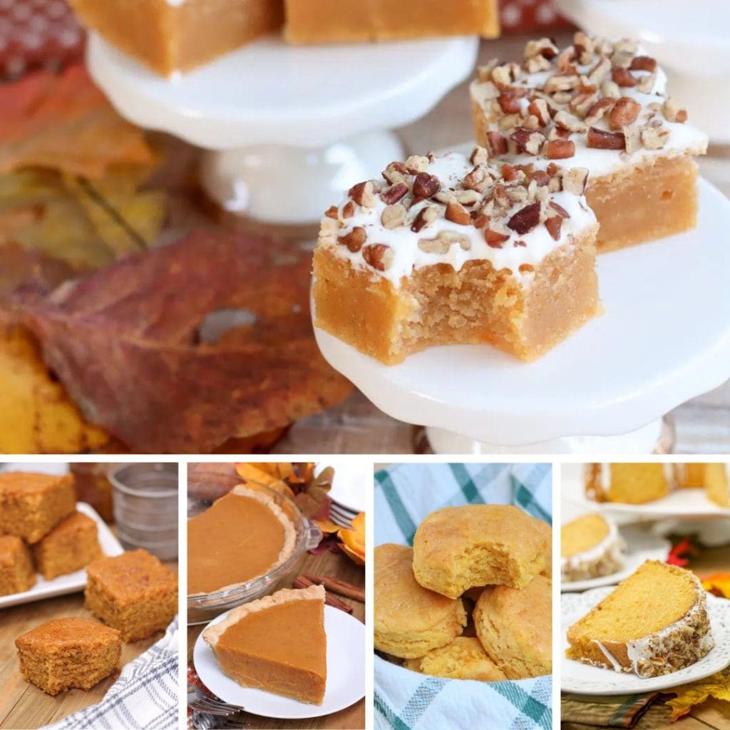 Assorted pumpkin and pecan desserts on a table.
