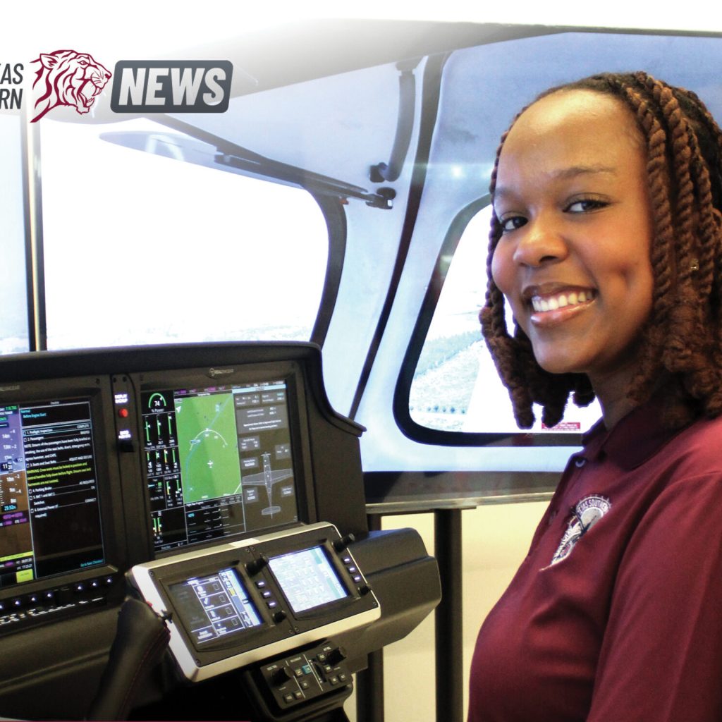 Texas Southern University Aviation Student Reaches Milestone in Partnership with Southwest Airlines’ Destination 225° Program A smiling woman in a helicopter cockpit with navigation instruments.