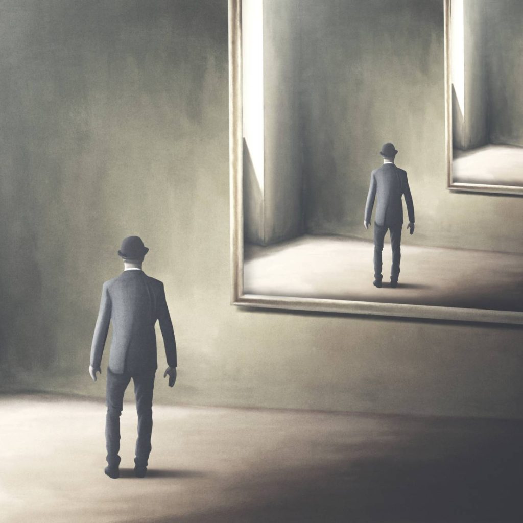 Surreal illustration of man reflecting himself in the mirror on a loop