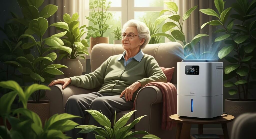 Senior with dehumidifier indoors