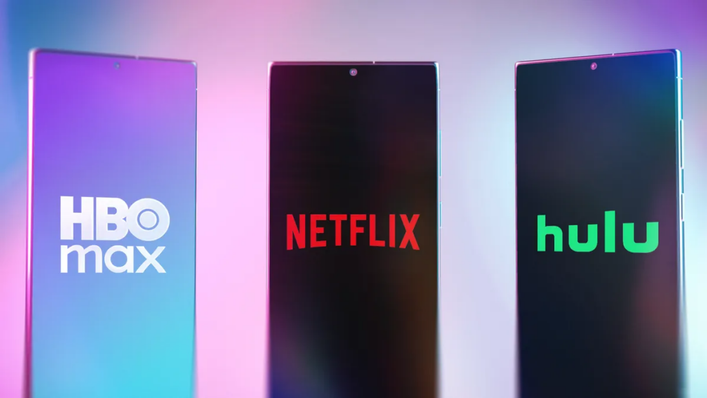 netflix, hbo max and hulu logos