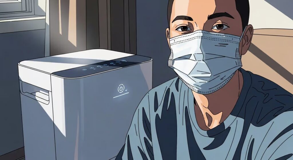 Person with mask and dehumidifier