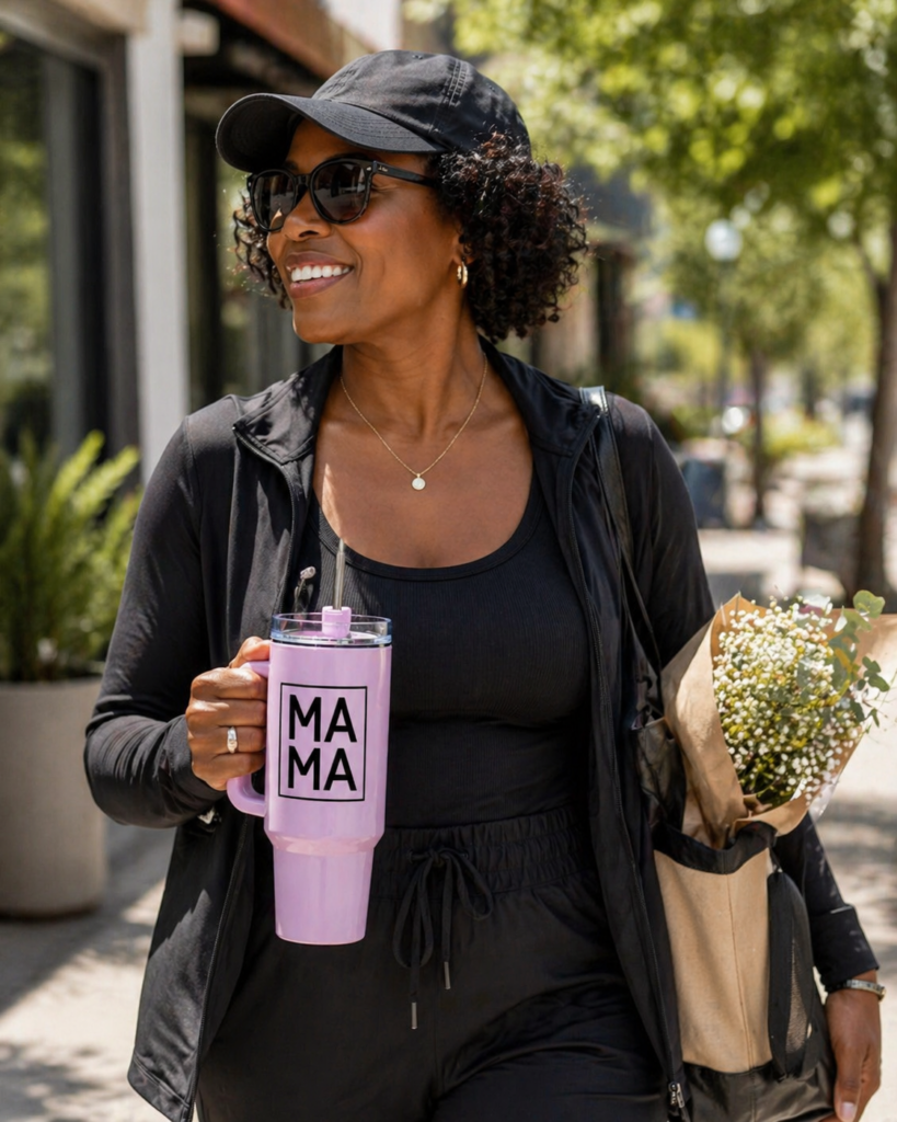Black woman walking outdoors holding pink mama mug on sunny day lifestyle Mother’s Day gift idea