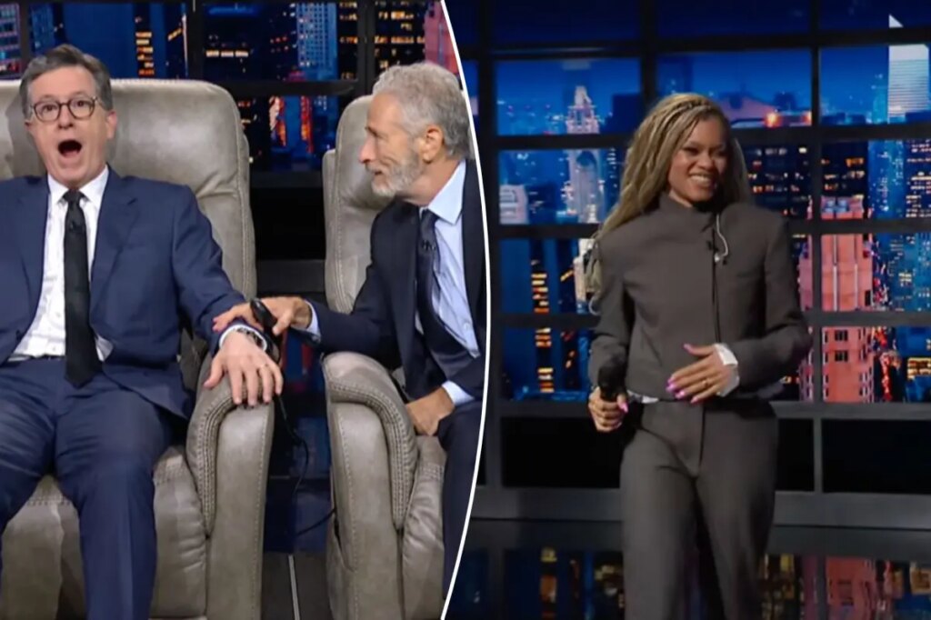 Jon Stewart surprises Stephen Colbert with a surprise serenade from Andra Day Jon Stewart surprises Stephen Colbert with a surprise serenade from Andra Day