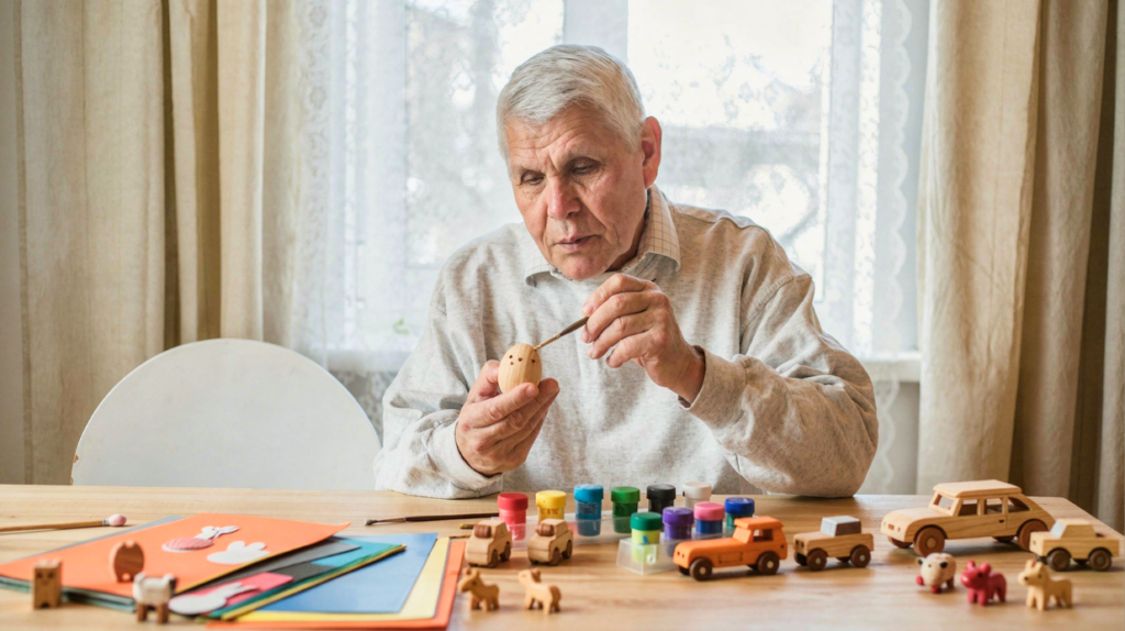 Autism in Older Adults: What Families Should Know Senior man painting wooden toys at a table
