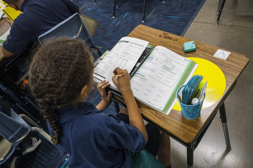 After Years of Declines, Young Students Show Gains in Reading and Math Student at desk in classroom