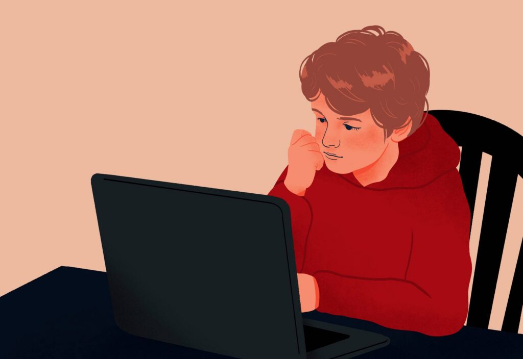 Illustration of teen in hoodie on a laptop