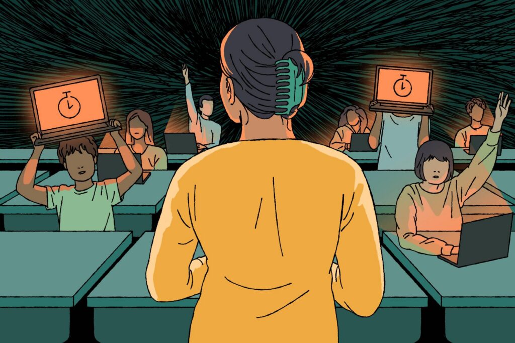 The School Year Begins in LA with One Big Change: Limited Screen Time An illustration showing the back of a female teacher looking nervously at a class of middle school students who are on laptops.