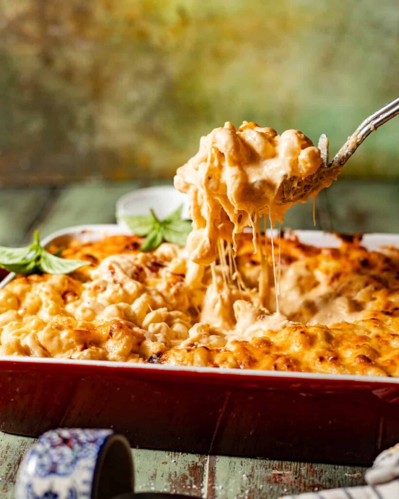 smoked gouda mac and cheese in a pan with a spoon showing the cheese pull.