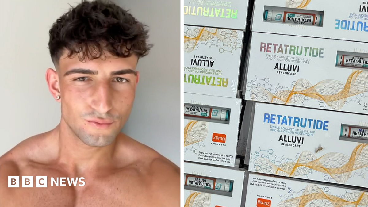 A picture of a young man looking at the camera, He has brown hair and is bare chested. An image of white boxes with retatrutide written in shimmery, colourful writing. The boxes have a little clear window where you can see a vial of fake retatrutide inside