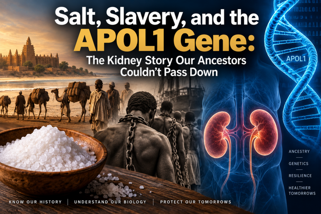 Title graphic for the article blending a West African salt caravan, the transatlantic slave trade, and illuminated kidneys with an APOL1 DNA strand.