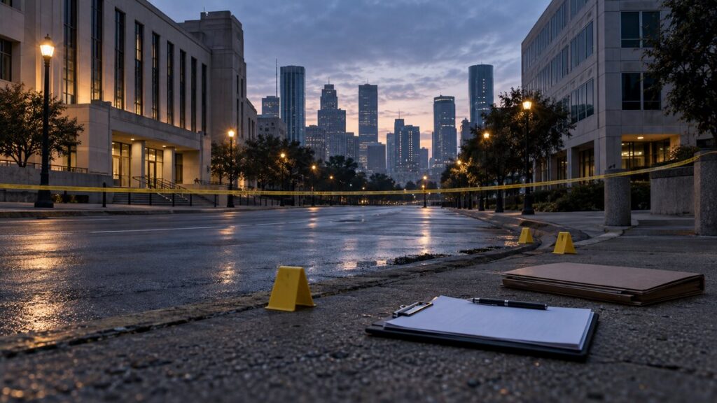 HPD Policy Change Raises Questions After Fatal ICE Shooting in Houston – African American News and Issues Illustrative view of an empty Houston street between local and federal office buildings, with scene tape, evidence markers and an investigator’s clipboard.