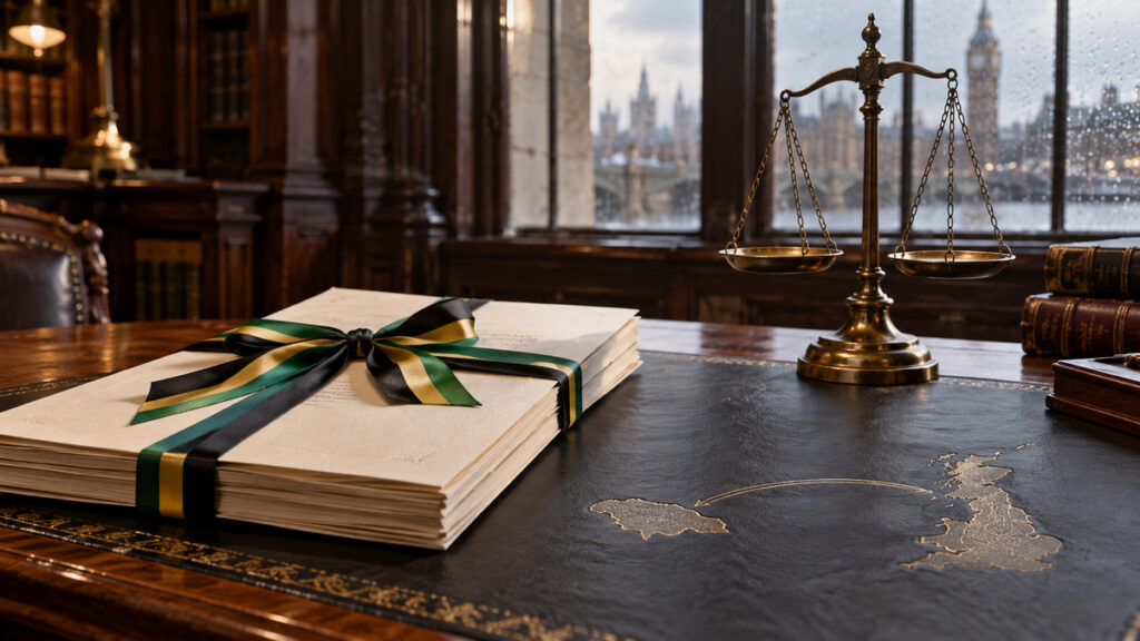 Illustrative image of a formal petition tied with Jamaica’s black, green and gold colors beside scales of justice in a London legal chamber.