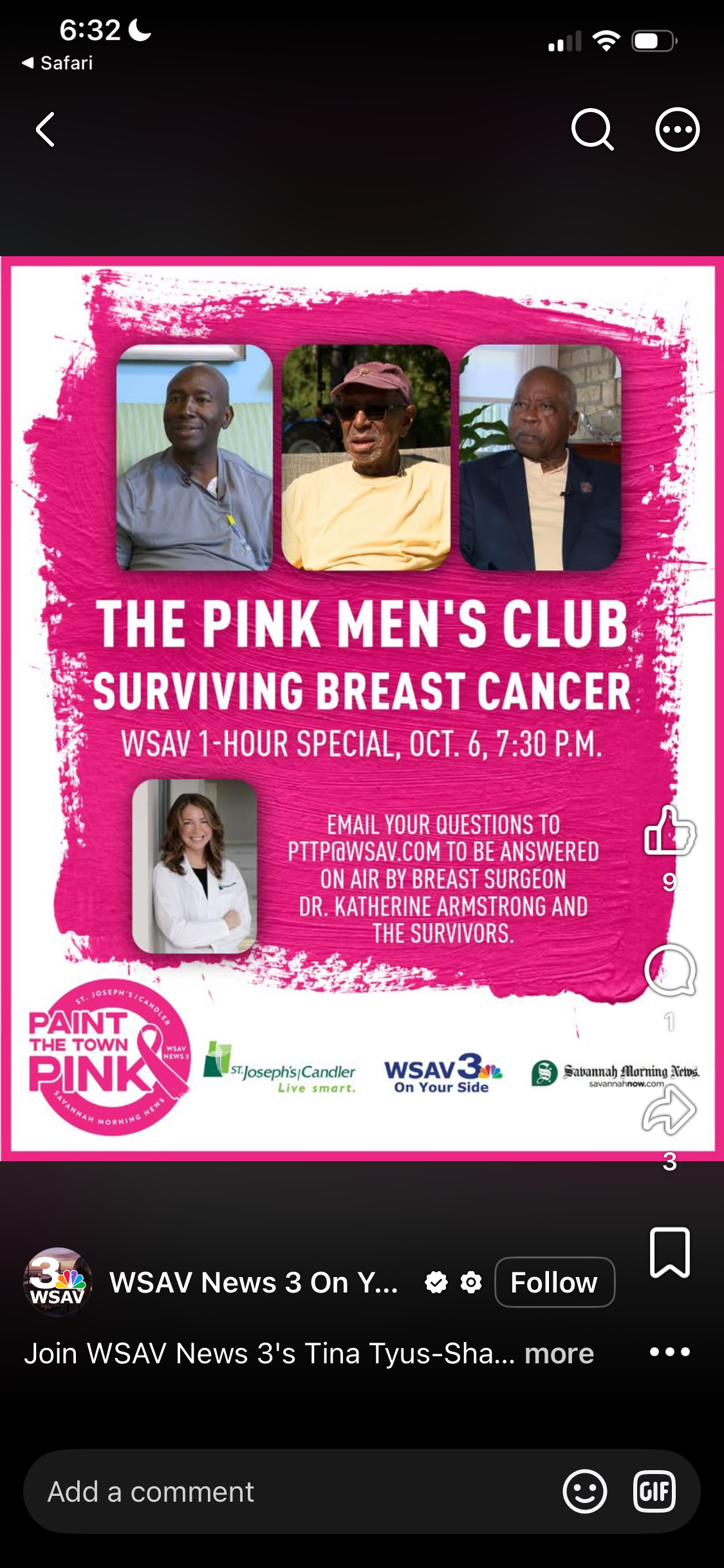 WSAV Pink Men's Club male breast cancer survivors television special flyer