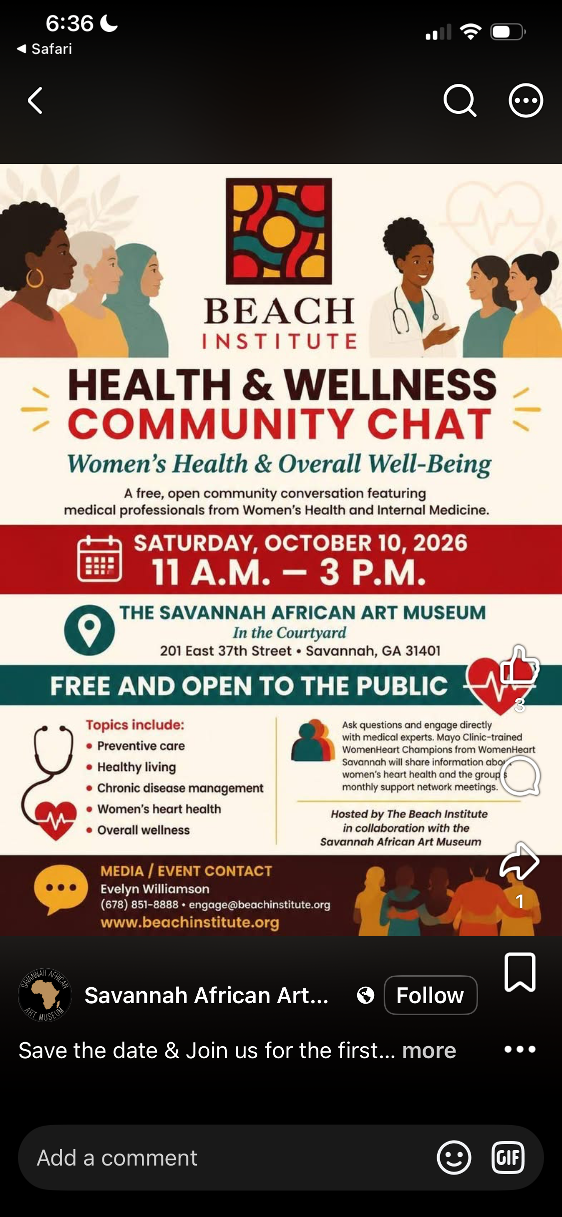 Beach Institute women's health community chat flyer