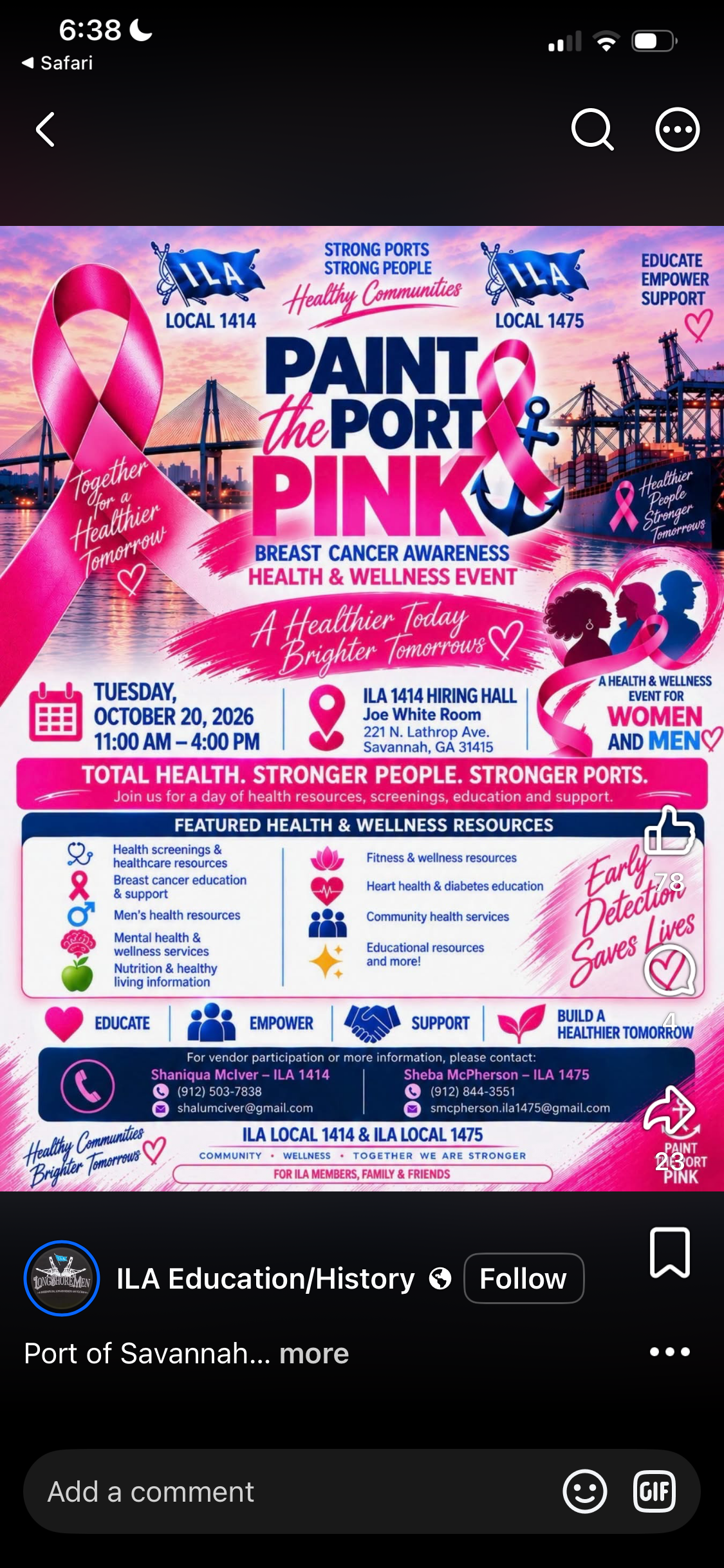 ILA Locals 1414 and 1475 Paint the Port Pink health and wellness event flyer