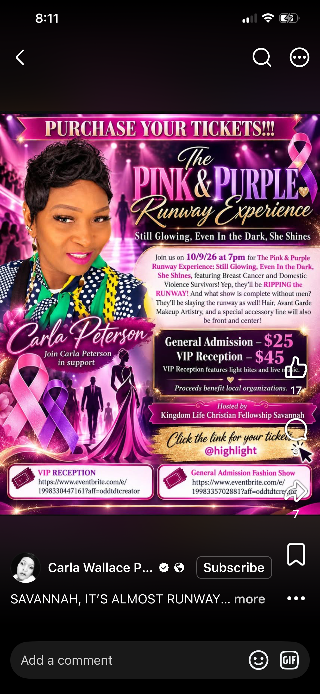 Pink and Purple Runway Experience October 9 fundraising fashion show flyer