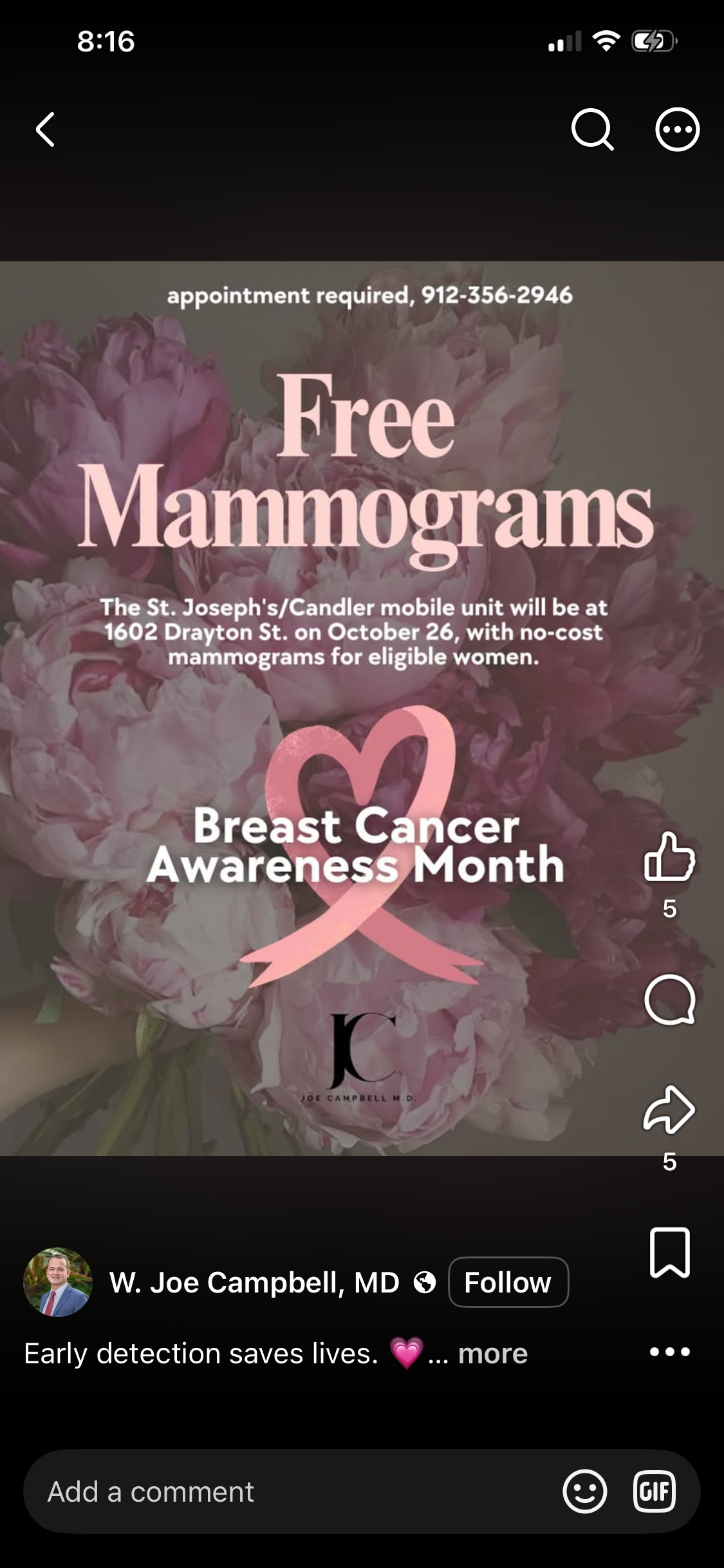 St Joseph's Candler mobile unit free mammograms October 26 Savannah appointment flyer