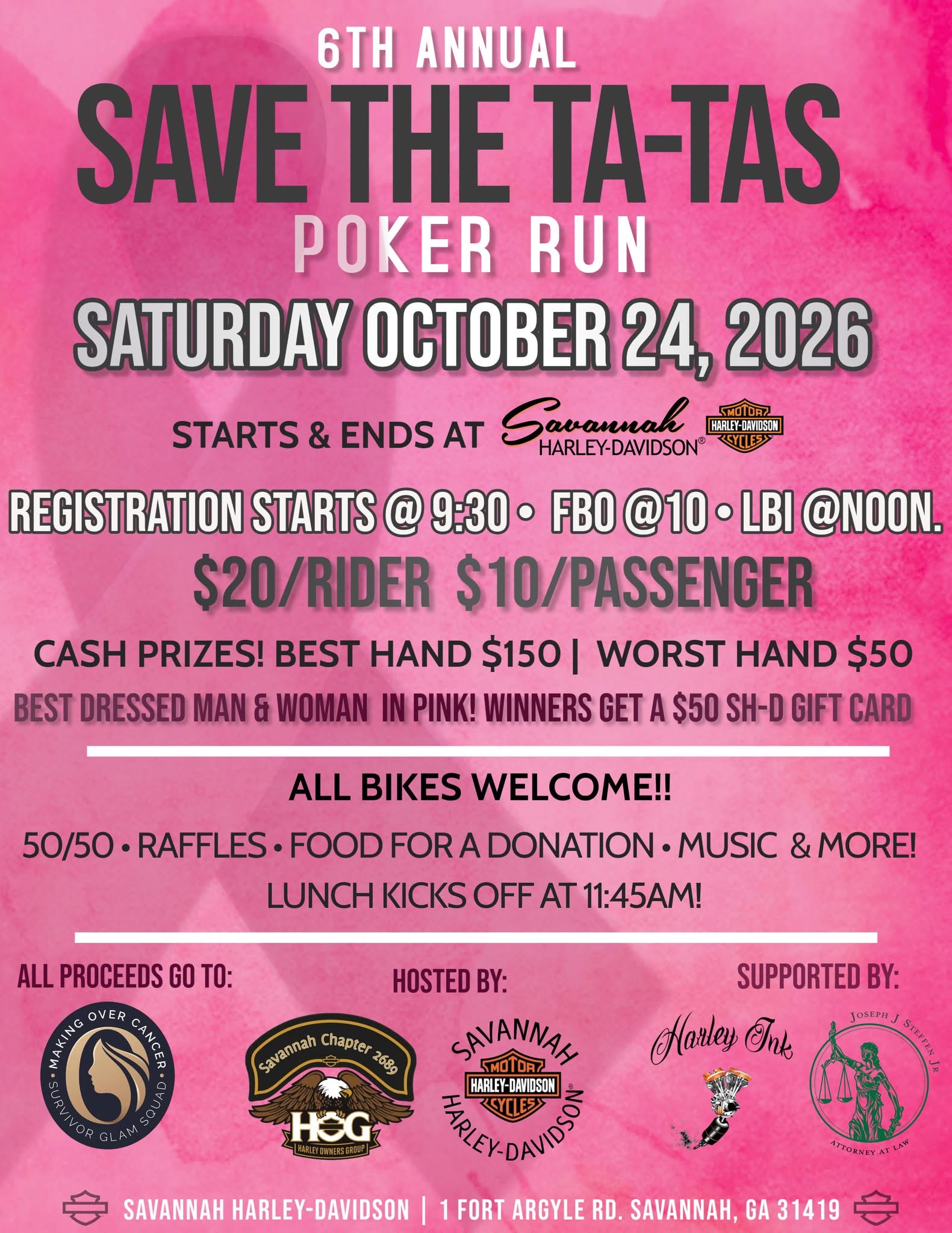 Sixth annual Save the Ta-Tas Poker Run fundraiser Savannah Harley Davidson flyer