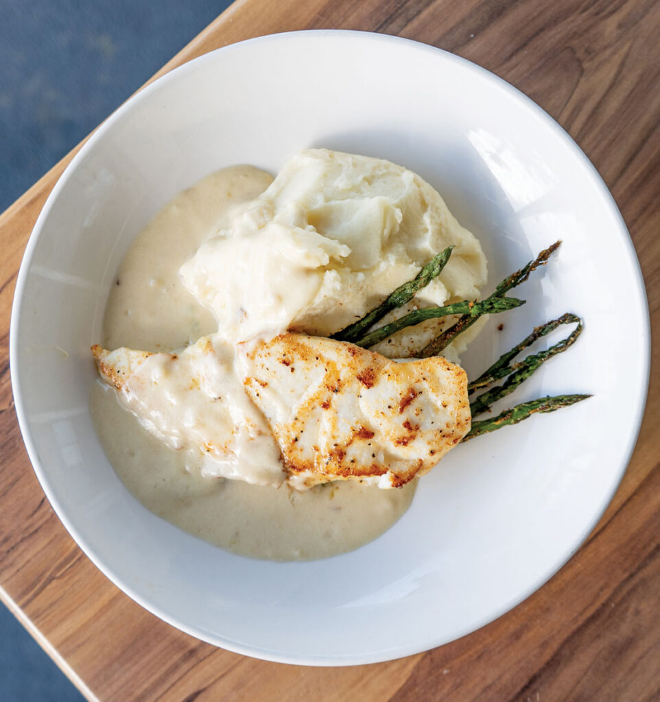 Sautéed Grouper in Champagne Cream Sauce with Mashed Potatoes and Asparagus