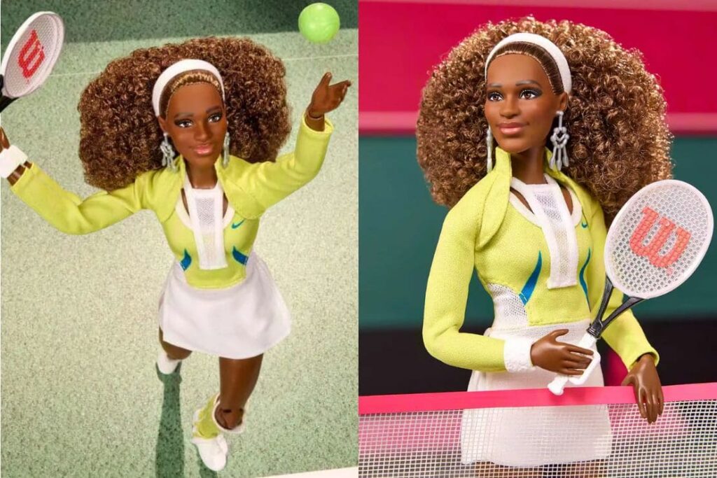 Serena Williams Barbie Signature doll wearing her green-and-white 2005 Australian Open championship outfit.